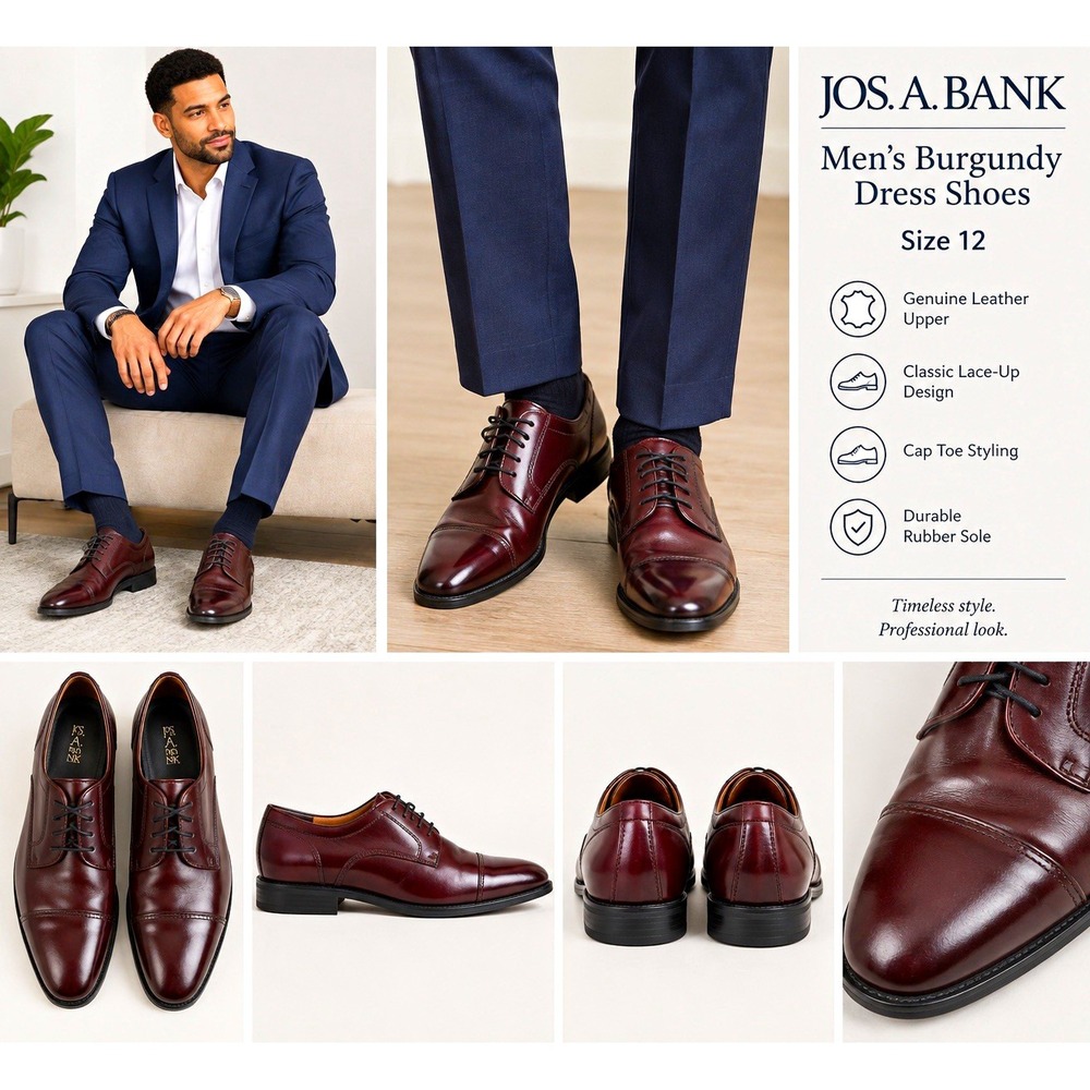 Jos. A. Bank Bryan Oxford Burgundy Leather Cap Toe Lace-Up Men's US 12 M